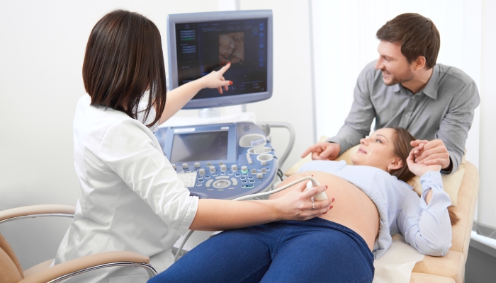 Female doctor showing at screen of computer first photo of baby in stomach.