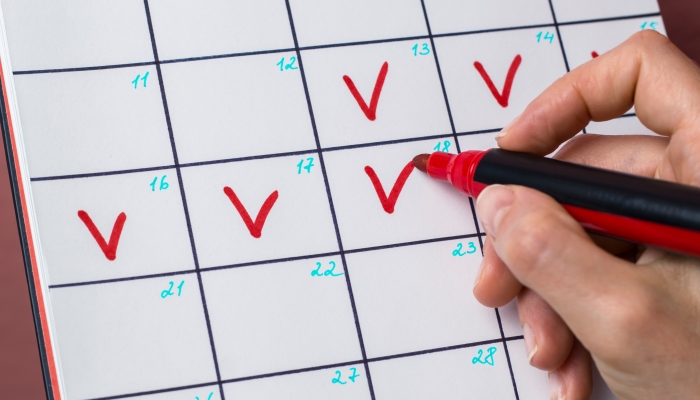 A woman marks the days of menstruation in the calendar period.