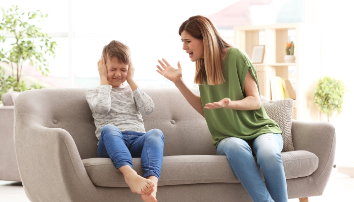 Mother arguing with son at home.