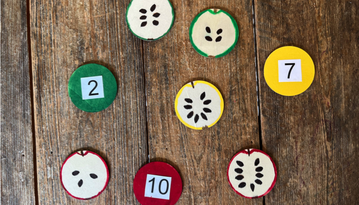 Apple seed counting game tiles.