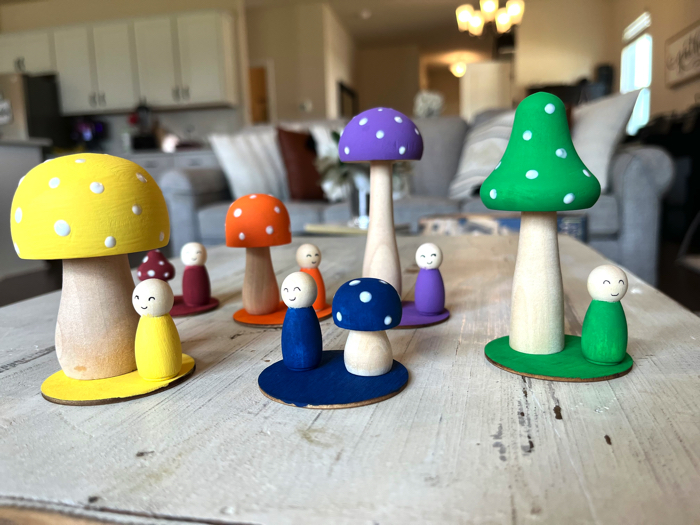 Mushrooms painted and ready for play and color sorting.