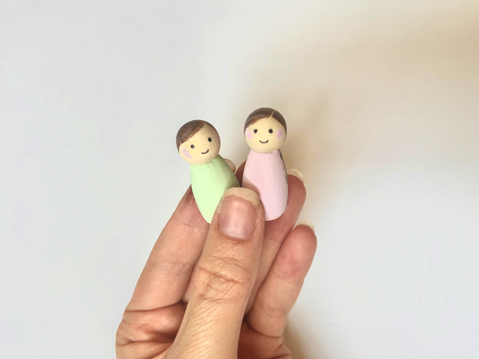 Completed peg dolls.