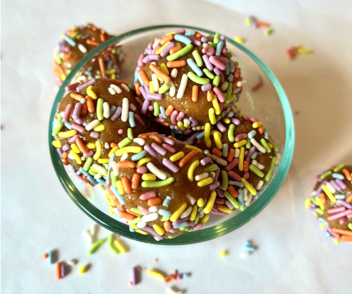 Peanut butter cookie bites in a bowl.