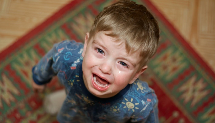 Crying little boy asks his mother's candy.