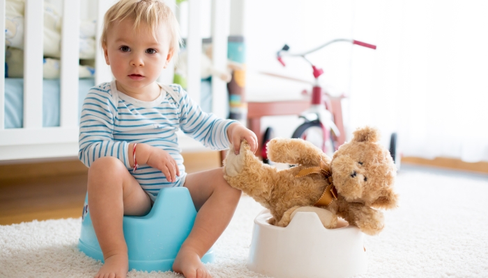 Cute toddler boy, potty training, playing with his teddy bear on potty.