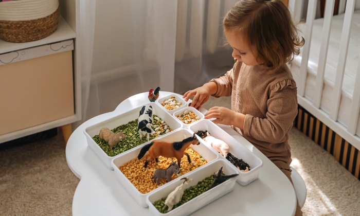 A little girl playing with farm animals in sensory bin in nursery.