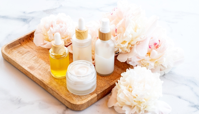 Natural organic cosmetic products with essential peony oil.