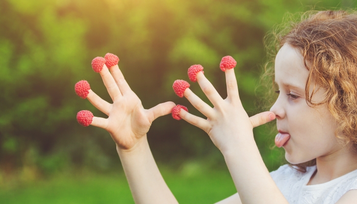 Little girl teasing is putting fingers to nose with raspberry.