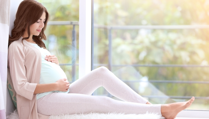 Young beautiful pregnant woman sitting on windowsill at home.