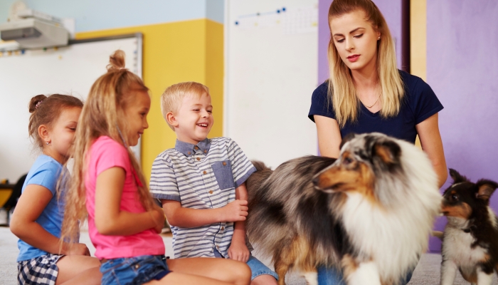 Group of children having fun with dog during therapy.