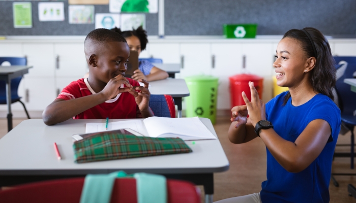 American female teacher and boy talking in hand sign language at elementary school.