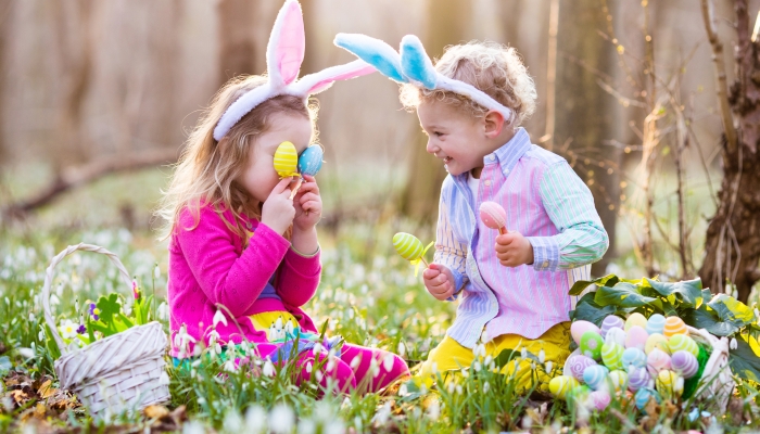 Children with bunny ears searching for colorful eggs in snow drop flower meadow.