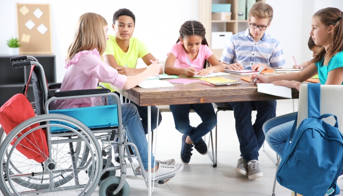 Teenage girl in wheelchair with classmates studying at school.