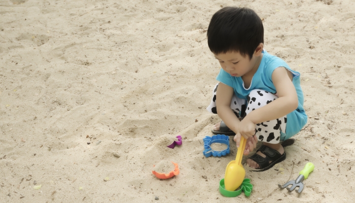 Thai boy playing sand on the beach with various animal mold.