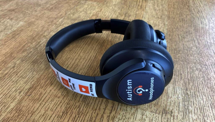 Headphones with decals on them.