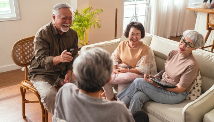 Old senior asian friends retired people hapiness positive laugh smile conversation together.