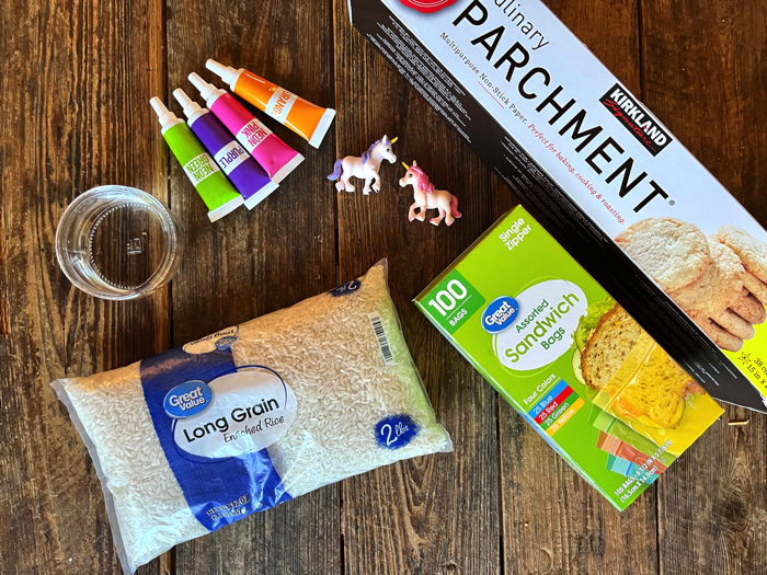 Supplies needed to make unicorn sensory rice.