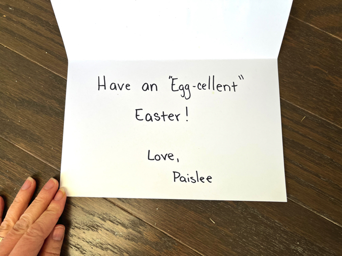 Signing your Easter Egg Greeting Card Craft.