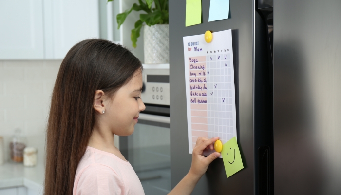 Little girl putting to do list on fridge in kitchen.