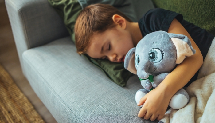 Photo of little boy sleeping together with elephant.