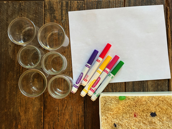 Jelly Bean Sensory Bin and Color Sorting materials needed to make the color sorting cups.