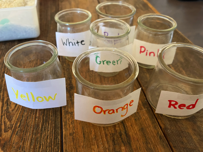 Jelly Bean Sensory Bin and Color Sorting cups.