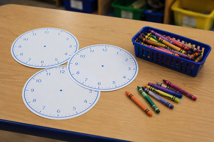 A classroom table prepared for a creative storytelling activity. Several blank paper clock faces are spread across a light wood tabletop alongside colorful crayons in a blue basket. The materials are arranged and ready for students to create stories inspired by different times of day.