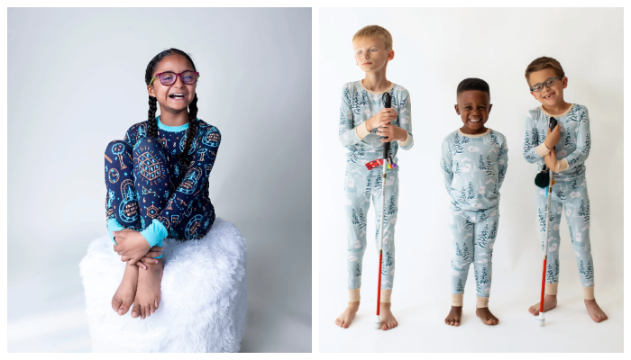Collage of children modeling Penny’s Pixies pajamas, including a smiling girl in dark blue pajamas seated on a white stool and three boys in light blue pajamas, two holding white mobility canes.