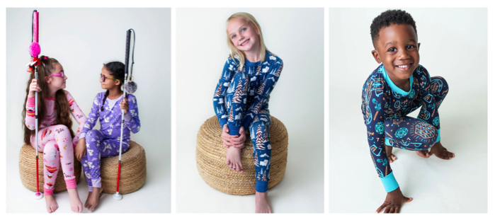 Collage of children modeling Penny’s Pixies pajamas, including two girls holding white mobility canes, a girl seated on a woven stool, and a smiling boy crouching in dark blue pajamas.