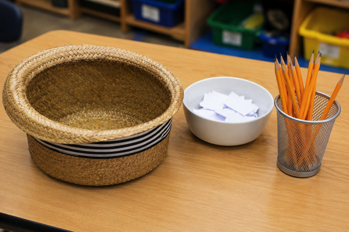 A classroom table set up for a creative writing activity. A hat sits beside a bowl filled with folded blank slips of paper, with a container of sharpened pencils nearby. The light wood tabletop is neatly arranged and ready for students to begin a "Words in a Hat" poetry game.