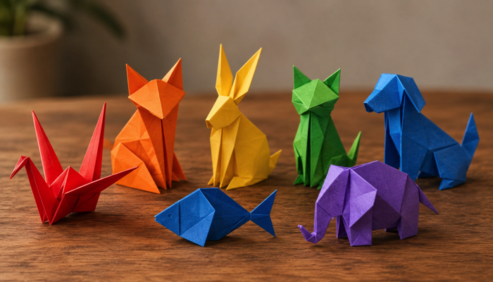 A collection of colorful folded origami animals arranged on a wooden table, including a red crane, orange fox, yellow rabbit, green cat, blue dog, blue fish, and purple elephant.